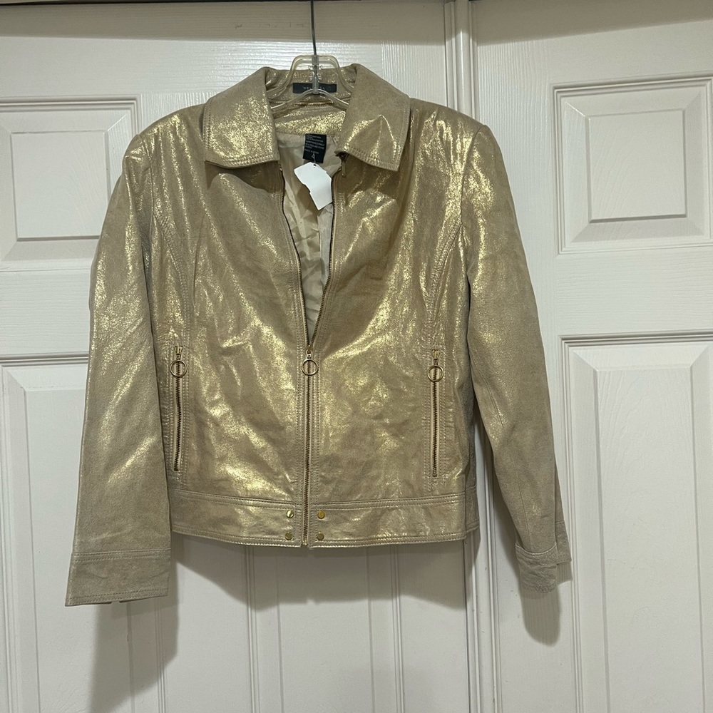 MEL&LISA Leather Women’s Gold Detachable Collar Moto Biker Jacket Blazer Small